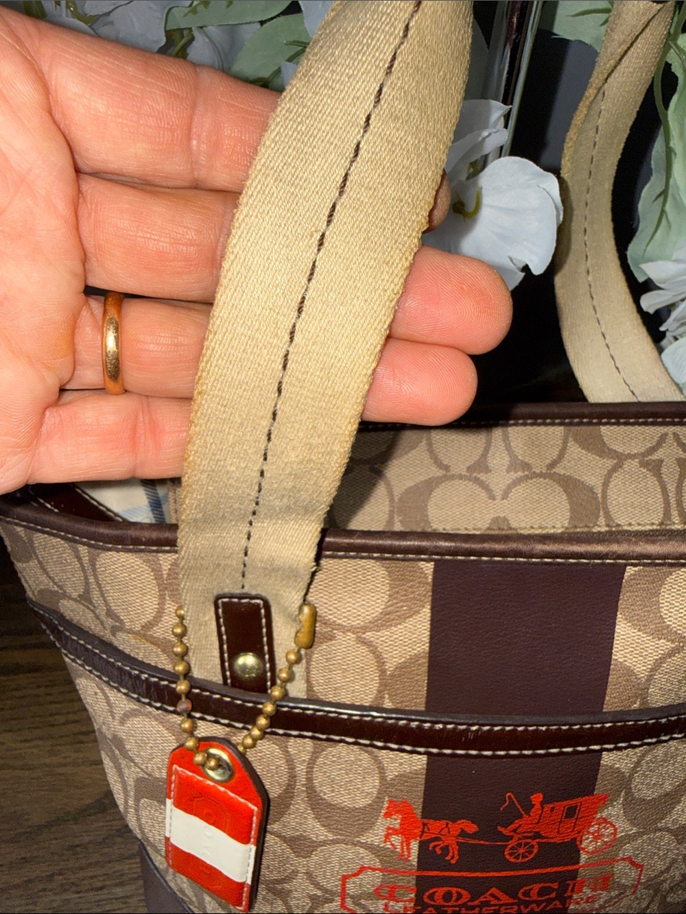 Coach Brown Signature Canvas Tote with Red Logo Accent - Picture 5 of 16